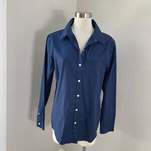 LL Bean Womens Large Wrinkle Free Navy Button Up Shirt White Heart Print Blouse